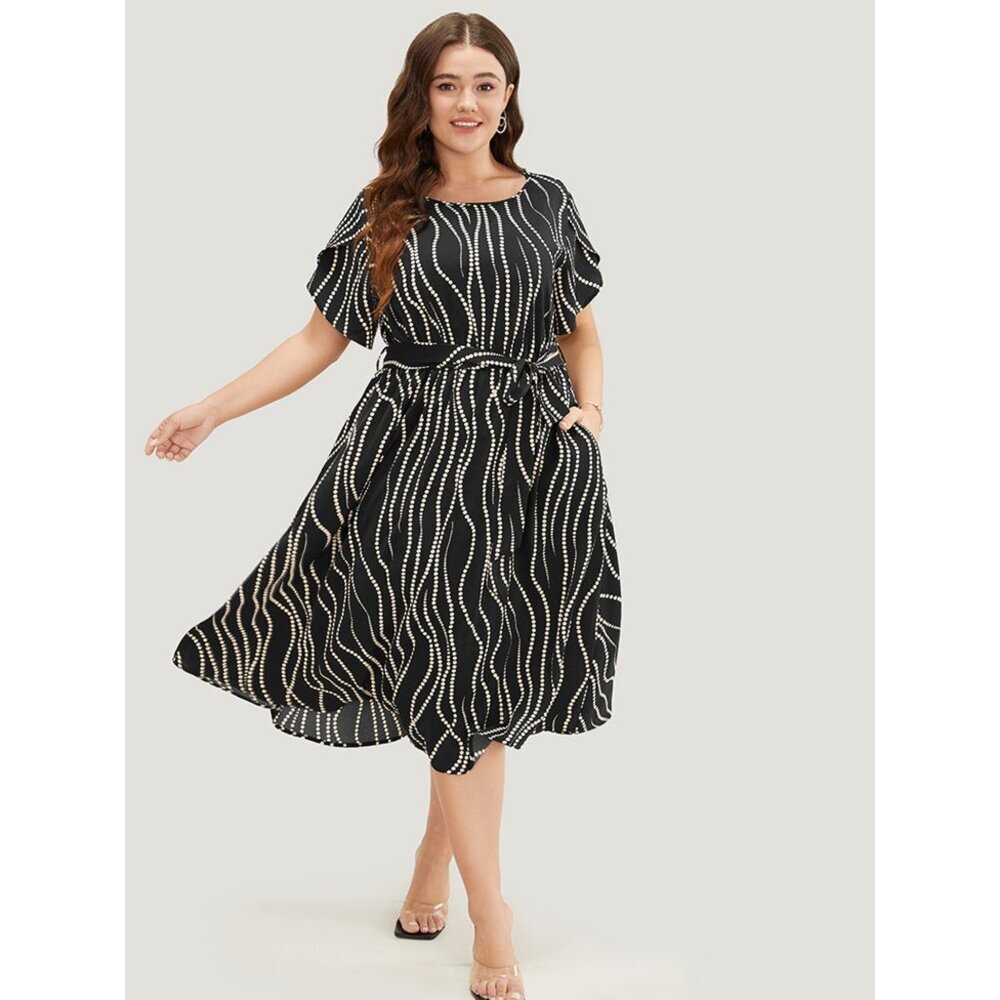 NWT BloomChic Polka Dot Split Petal Sleeve Pocket Belted Flutter Dress